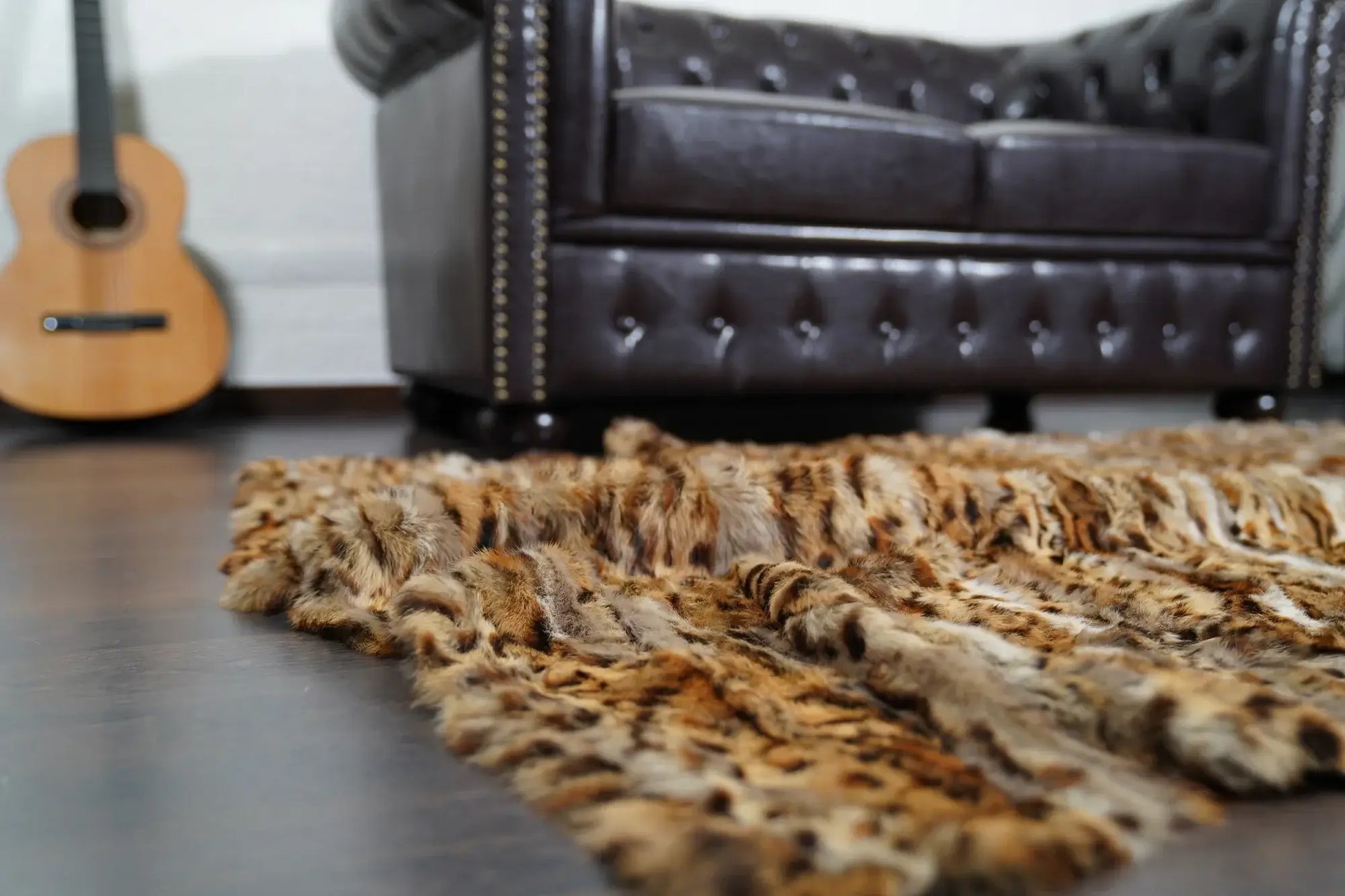 rabbit fur throw blanket leopard print — velvet cotton backing detail, soft substantial finish — Greek craftsmanship, TatiFurs
