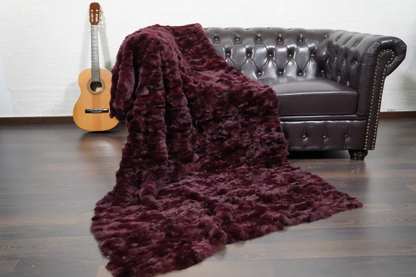 rex rabbit fur throw blanket red burgundy — patchwork panels, velvet cotton backing, full surface view — Greek craftsmanship, TatiFurs
