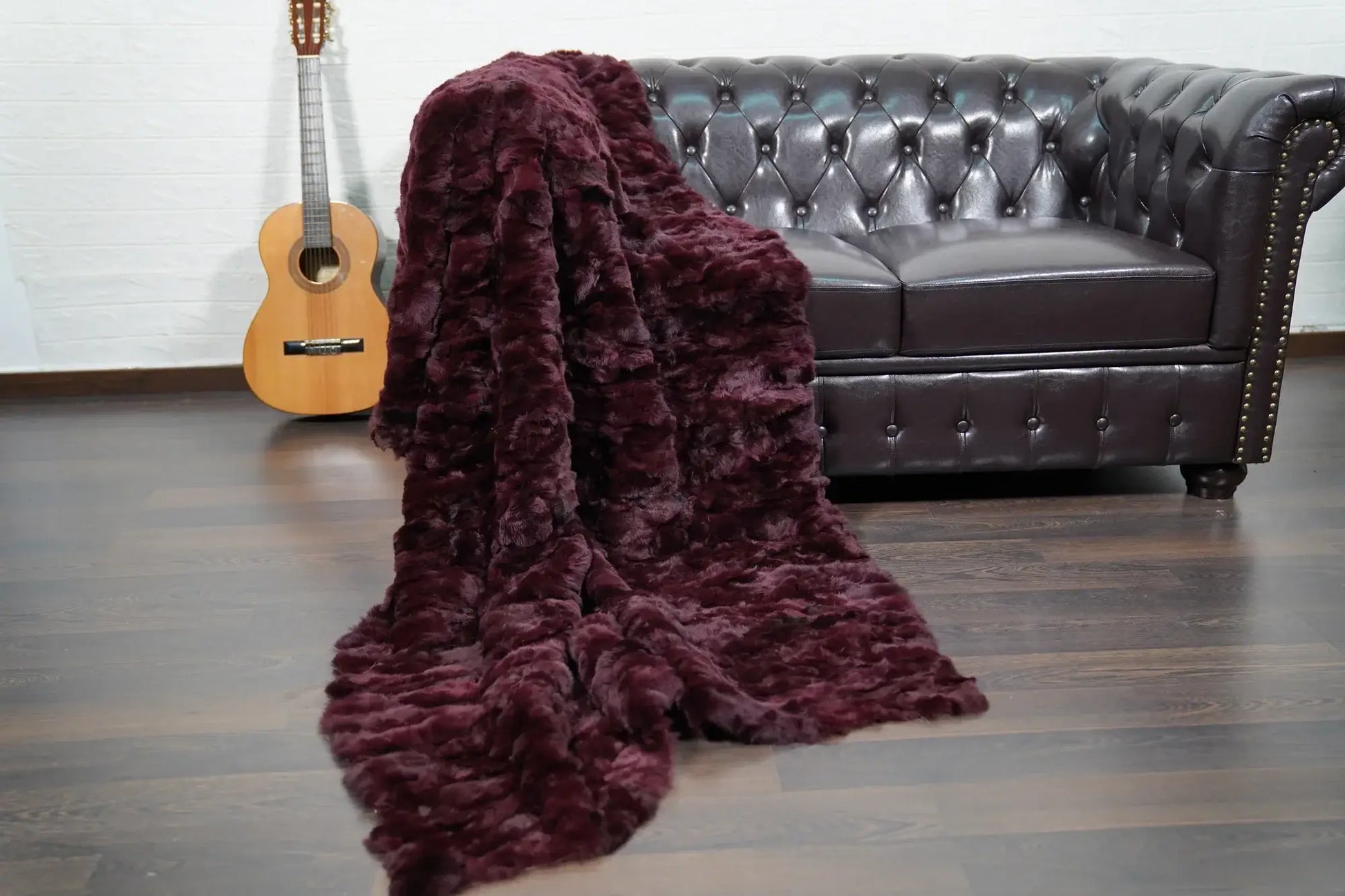 rex rabbit fur throw blanket red burgundy — velvet cotton backing detail, soft substantial finish — Greek craftsmanship, TatiFurs
