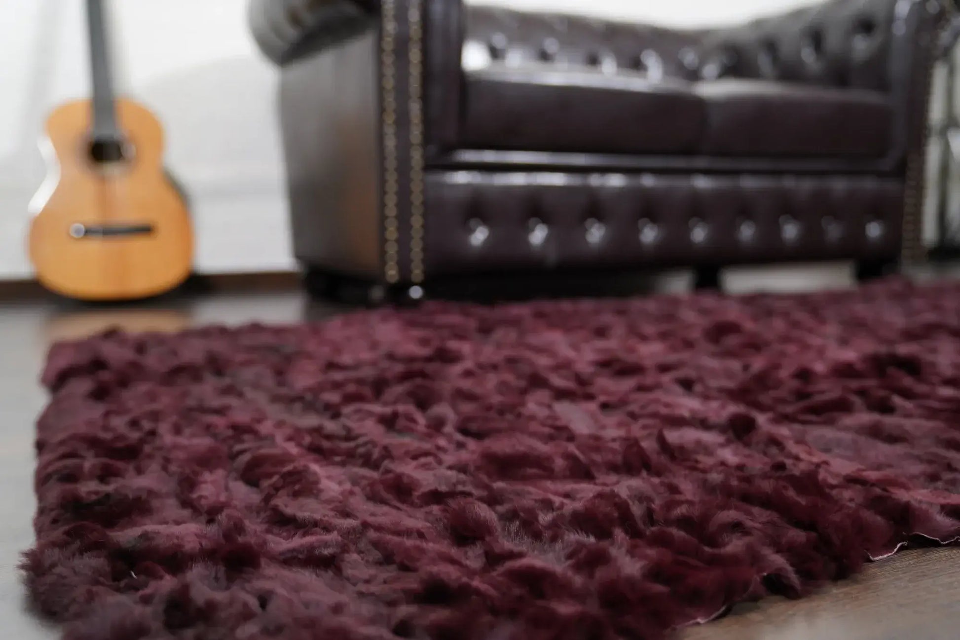rex rabbit fur throw blanket red burgundy — colour-matched panel construction, consistent surface texture — Greek craftsmanship, TatiFurs
