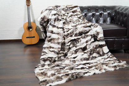 rex rabbit fur throw blanket natural black white — patchwork panels, velvet cotton backing, full surface view — Greek craftsmanship, TatiFurs
