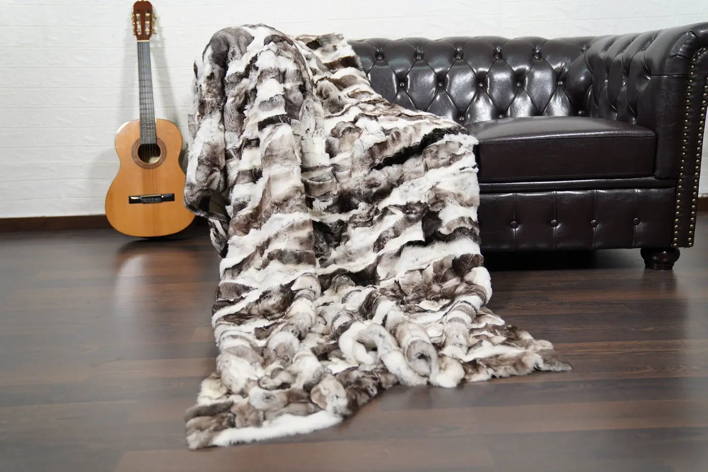 rex rabbit fur throw blanket natural black white — colour-matched panel construction, consistent surface texture — Greek craftsmanship, TatiFurs
