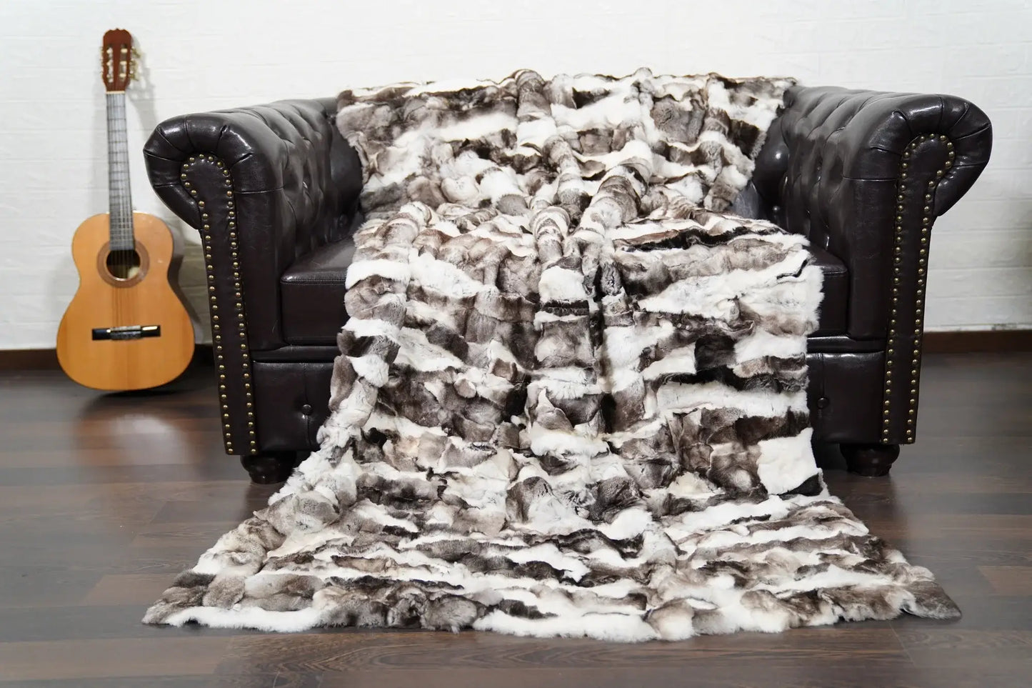 rex rabbit fur throw blanket natural black white — handcrafted in Greece since 1972, luxury gift packaging — Greek craftsmanship, TatiFurs
