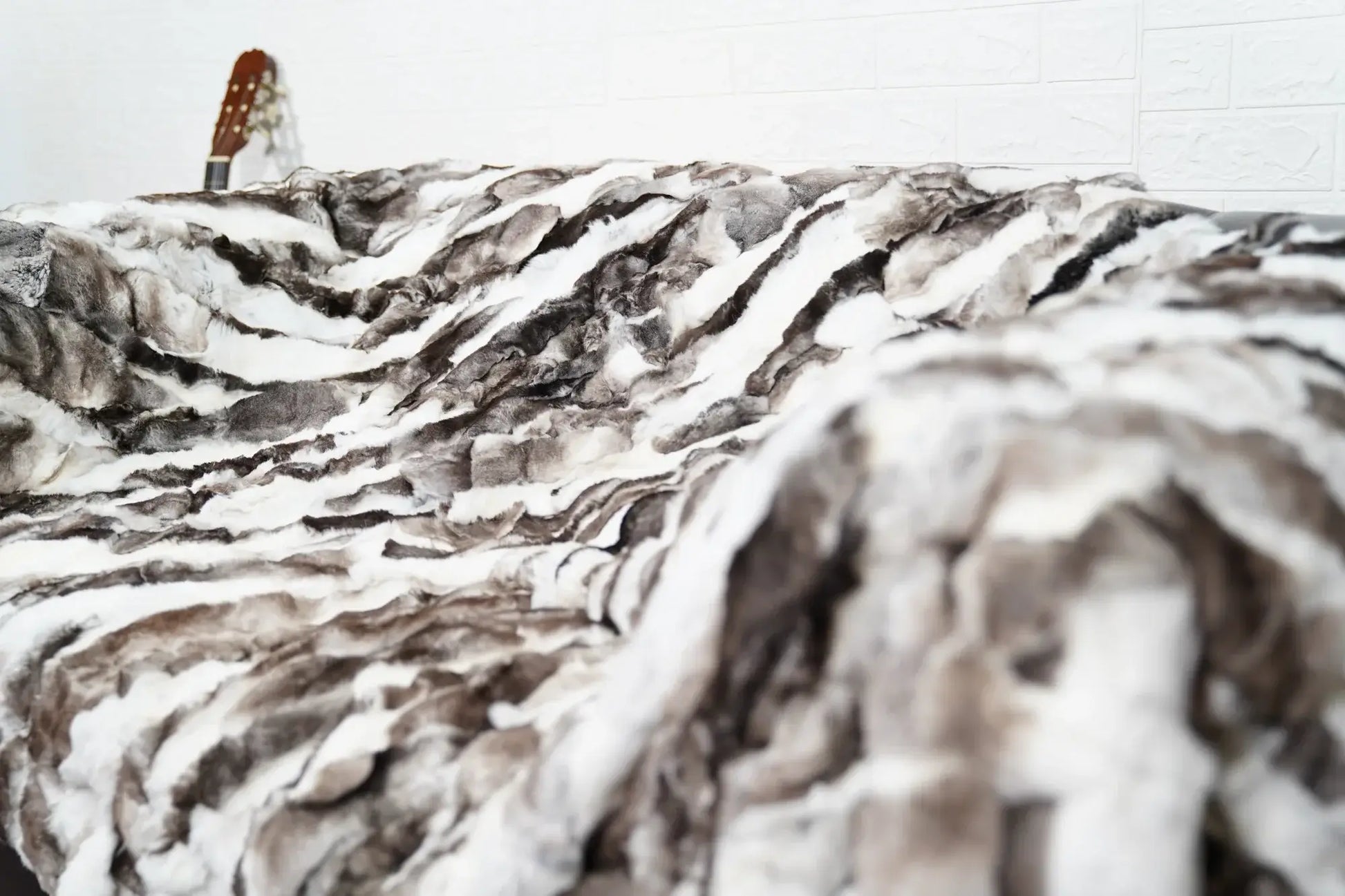 rex rabbit fur throw blanket natural black white — natural undyed black and white pattern, unrepeatable variation — Greek craftsmanship, TatiFurs
