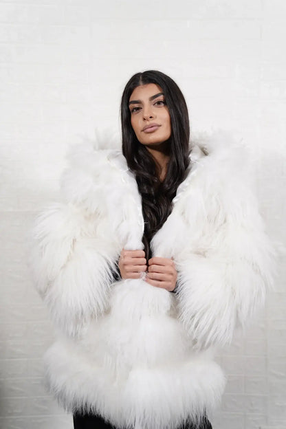 Alpaca jacket white hooded below hip women — front view hood down, TatiFurs
