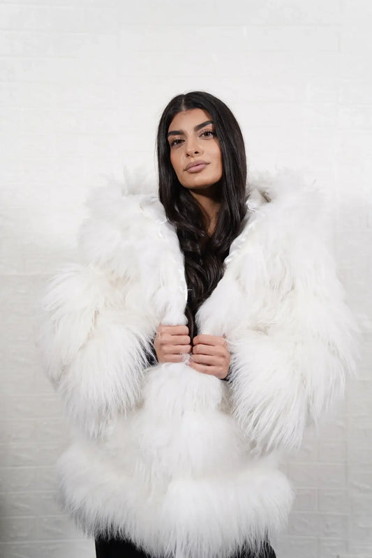 Alpaca jacket white hooded below hip women — front view hood down, TatiFurs
