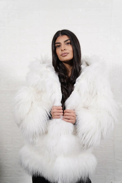 Alpaca jacket white shown from the back displaying full below hip silhouette and consistent pure luminous white alpaca surface — Greek craftsmanship, TatiFurs

