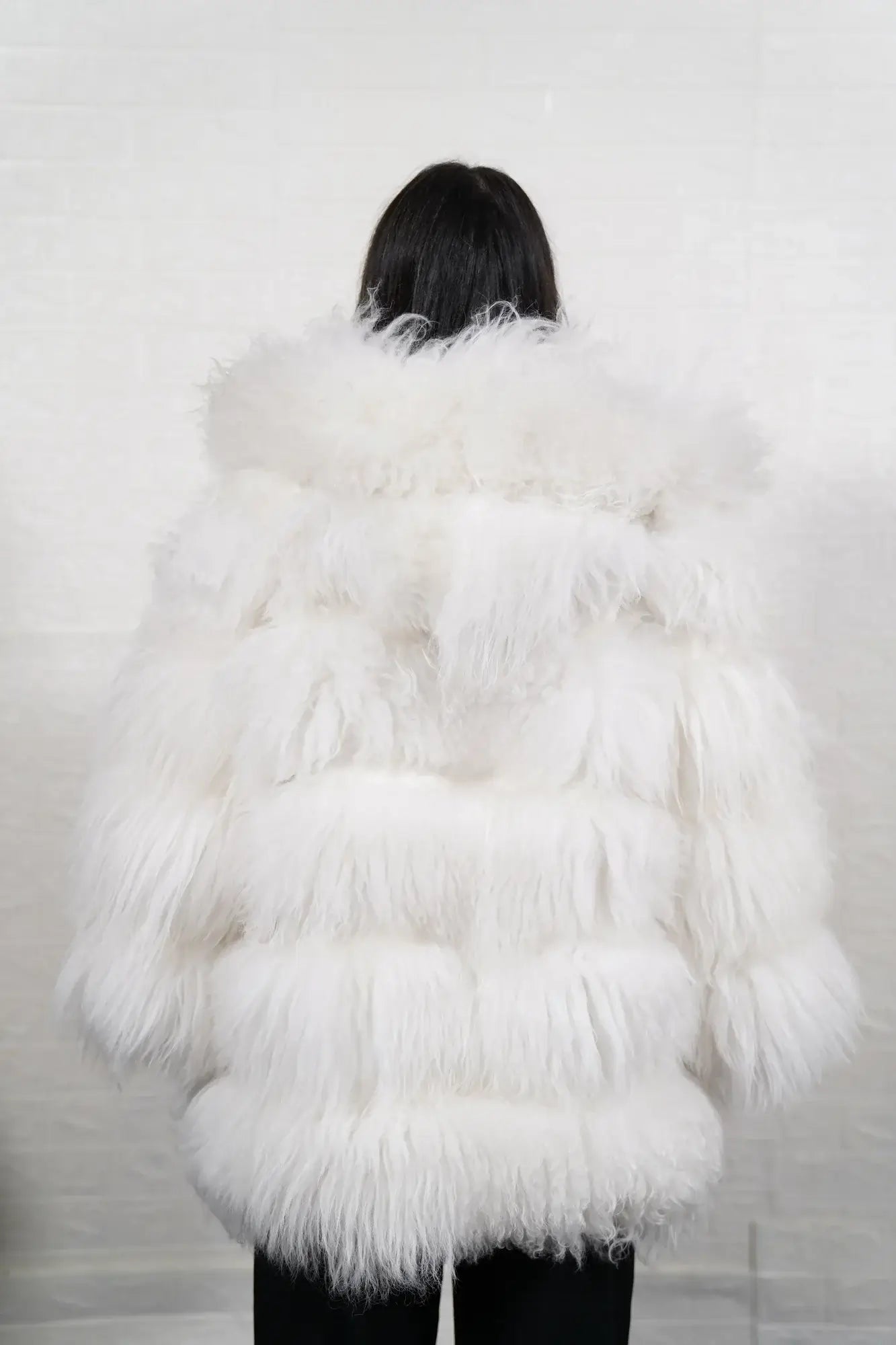 Alpaca jacket white velvet hood interior detail showing soft velvet lining contrast against pure luminous white alpaca exterior — Greek craftsmanship, TatiFurs
