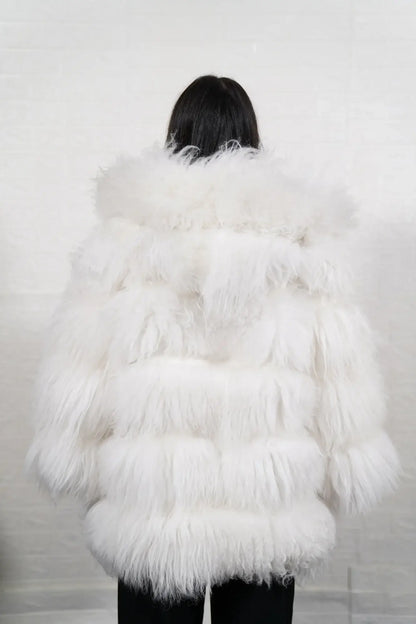 Alpaca jacket white velvet hood interior detail showing soft velvet lining contrast against pure luminous white alpaca exterior — Greek craftsmanship, TatiFurs
