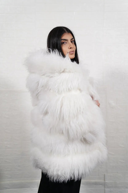 Alpaca jacket white women shown full length from front displaying hooded silhouette and button closure in pure luminous white alpaca below hip — Greek craftsmanship, TatiFurs
