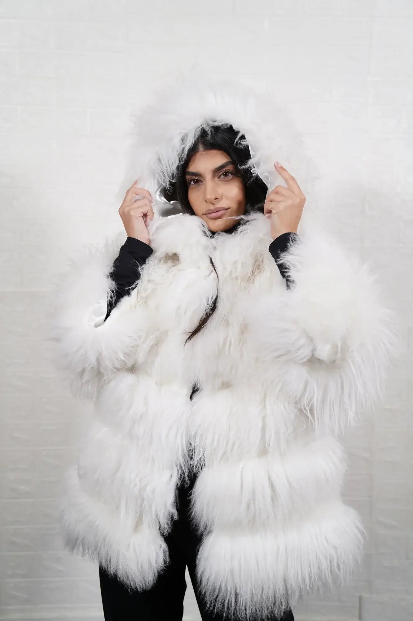 Alpaca jacket white displaying pure luminous white alpaca and below hip hooded silhouette — Greek craftsmanship, TatiFurs
