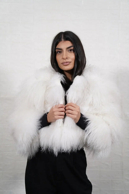 Alpaca fur jacket white displaying white alpaca horizontal rows with clean leather strips and cropped bomber above waist silhouette — Greek craftsmanship, TatiFurs
