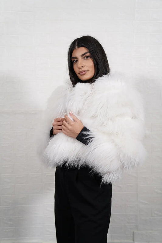 Alpaca fur jacket white leather trim cropped bomber women — front view, TatiFurs
