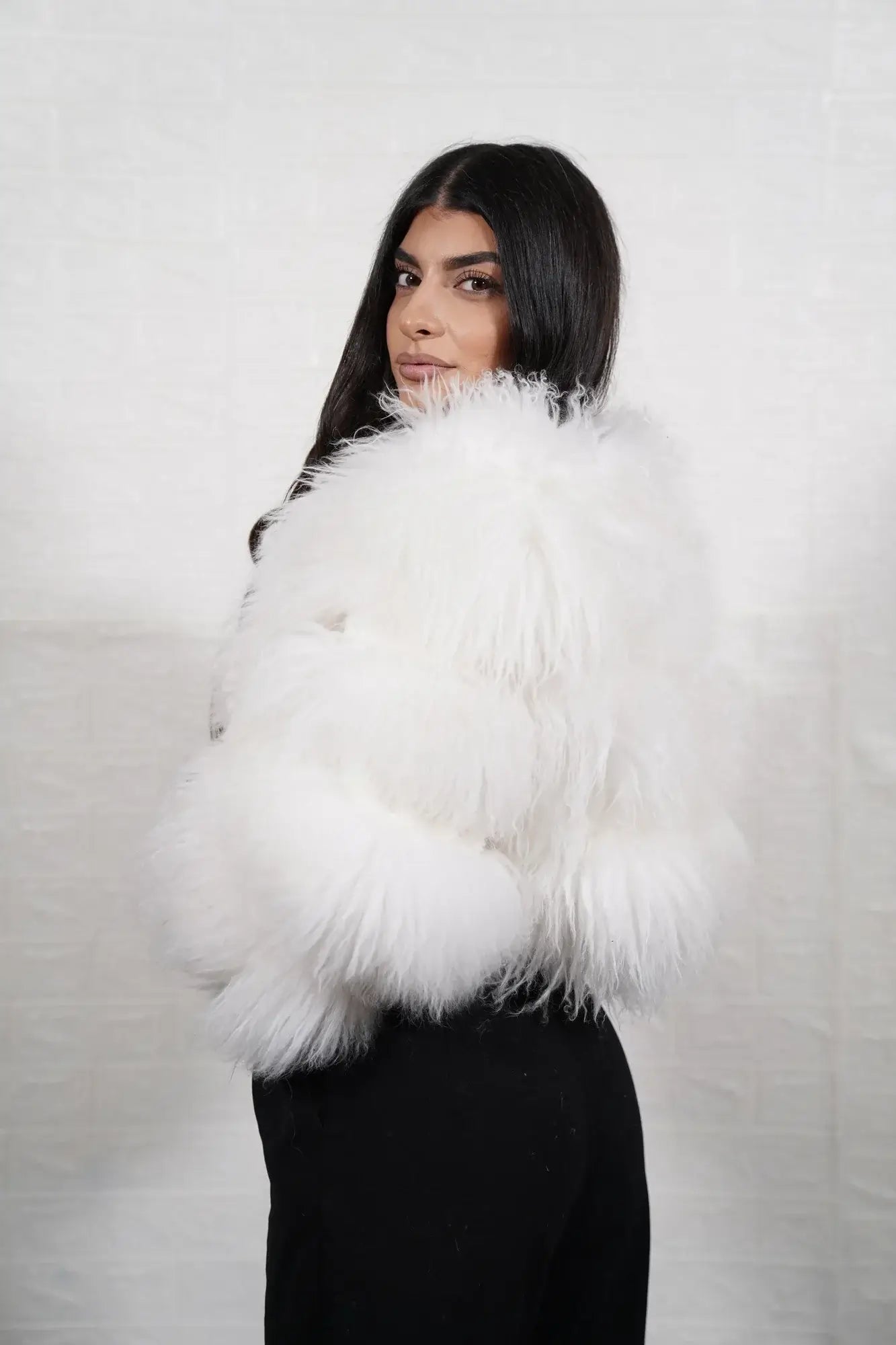 Alpaca fur jacket white women shown full length from front displaying bomber neckline and button closure in horizontal leather framed white alpaca rows — Greek craftsmanship, TatiFurs
