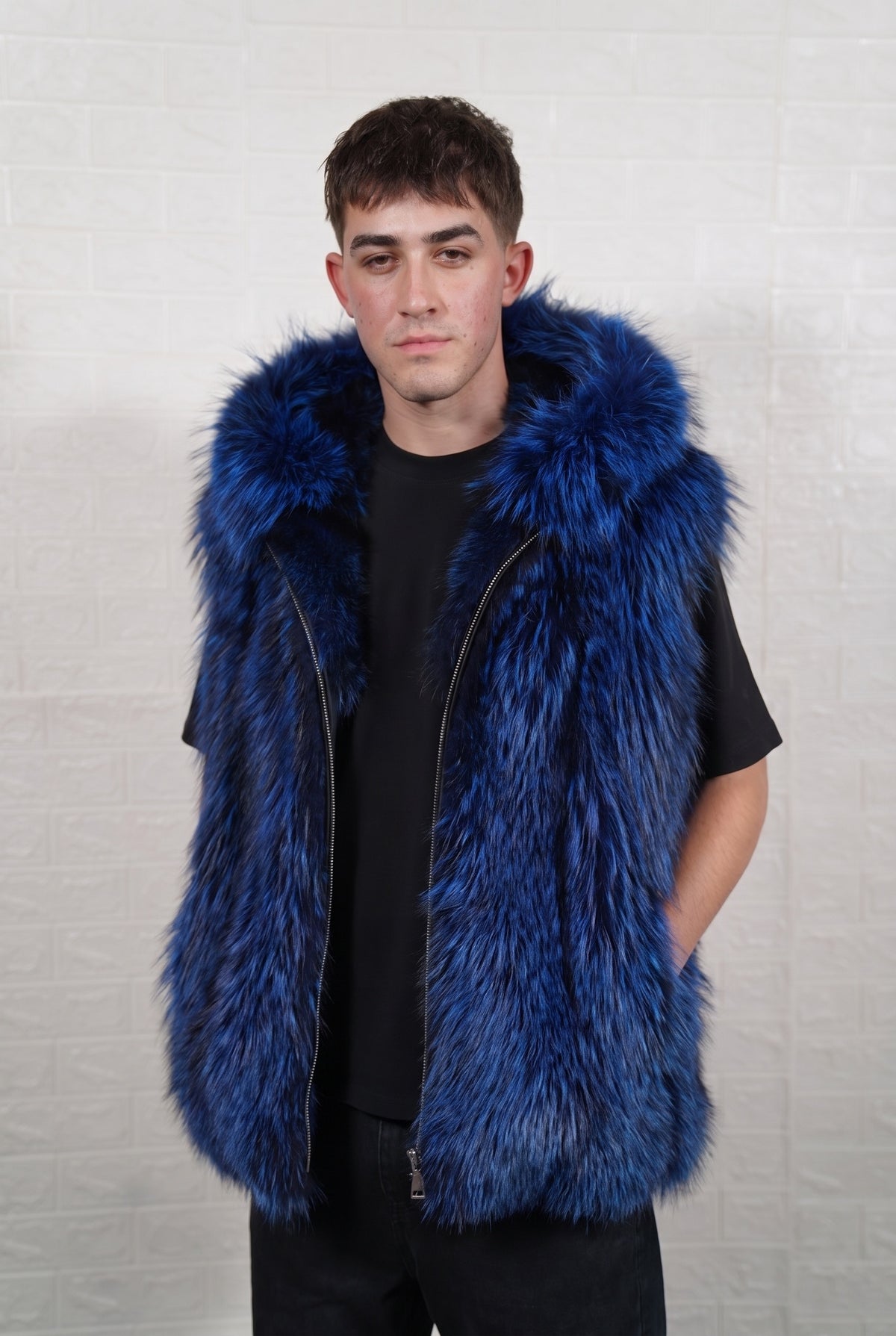 fox fur vest men blue black full skin sleeveless — front view, hood down, TatiFurs