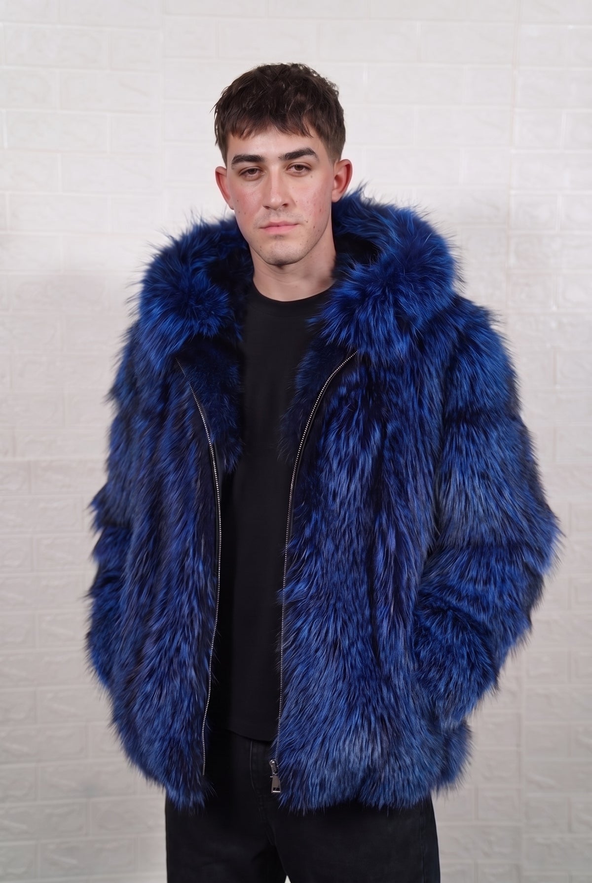 fox fur jacket men blue black full skin mid-length — front view, hood down, TatiFurs