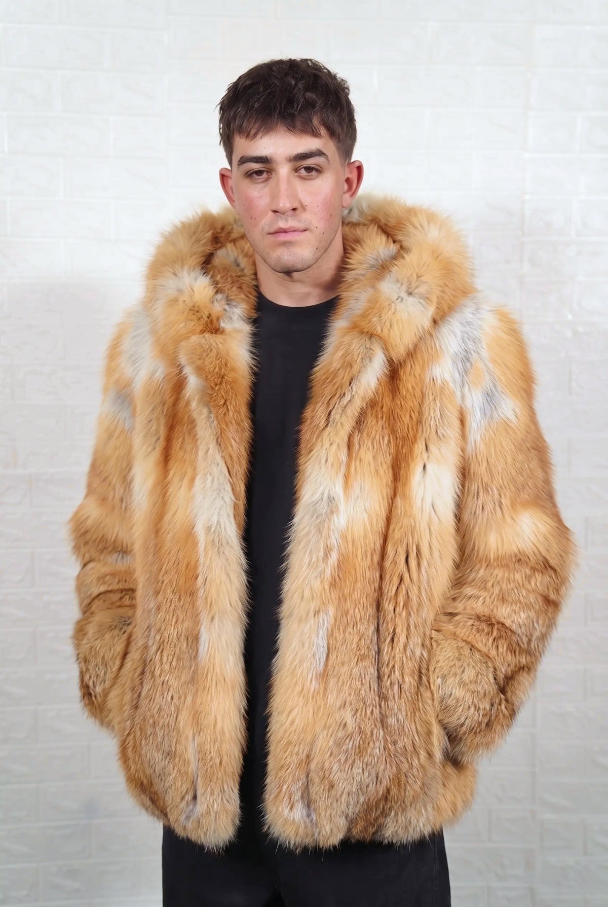 fox fur jacket men natural golden full skin mid-length — front view, hood down, TatiFurs