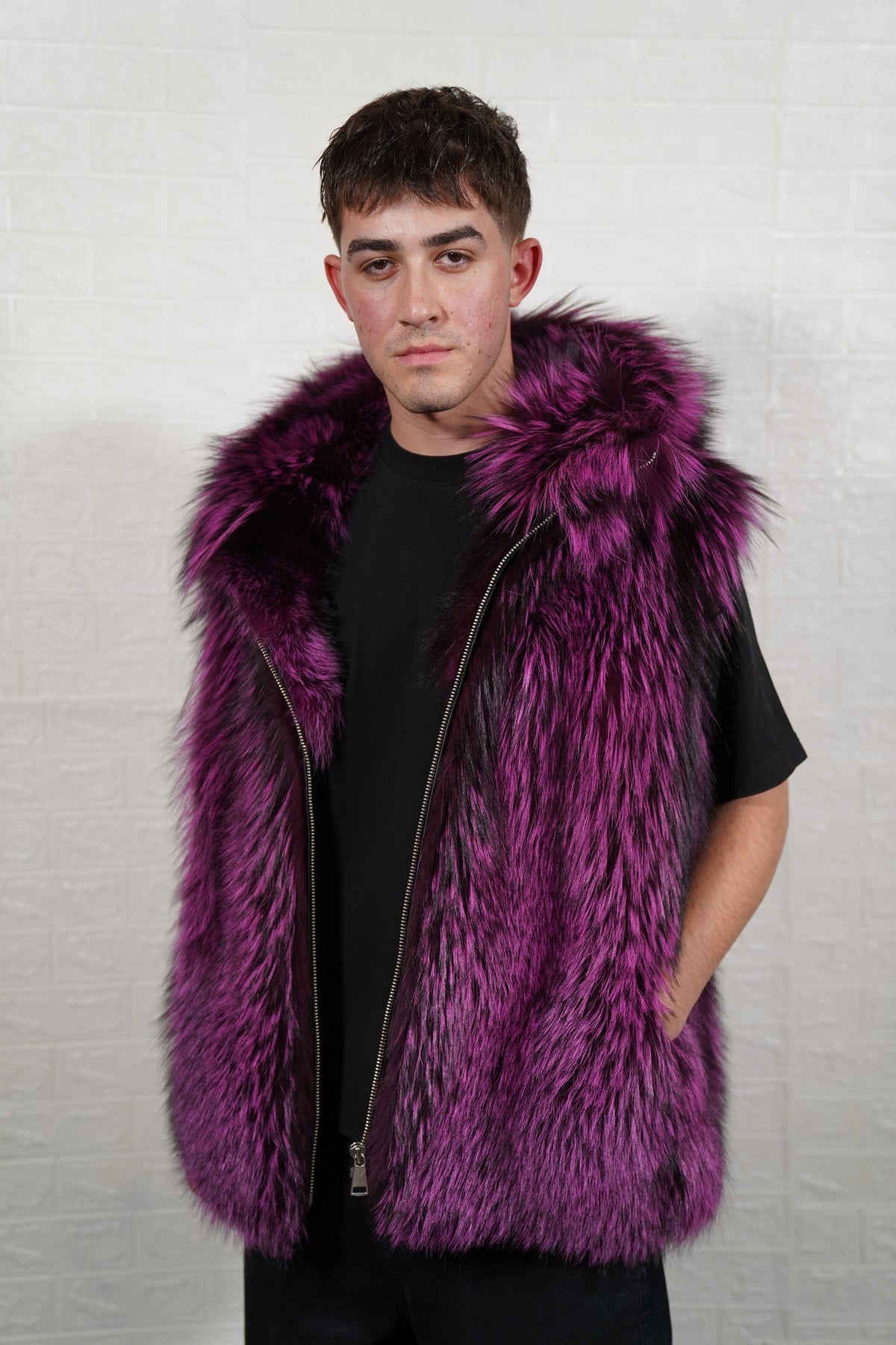 fox fur vest men purple black full skin sleeveless — front view, hood down, TatiFurs