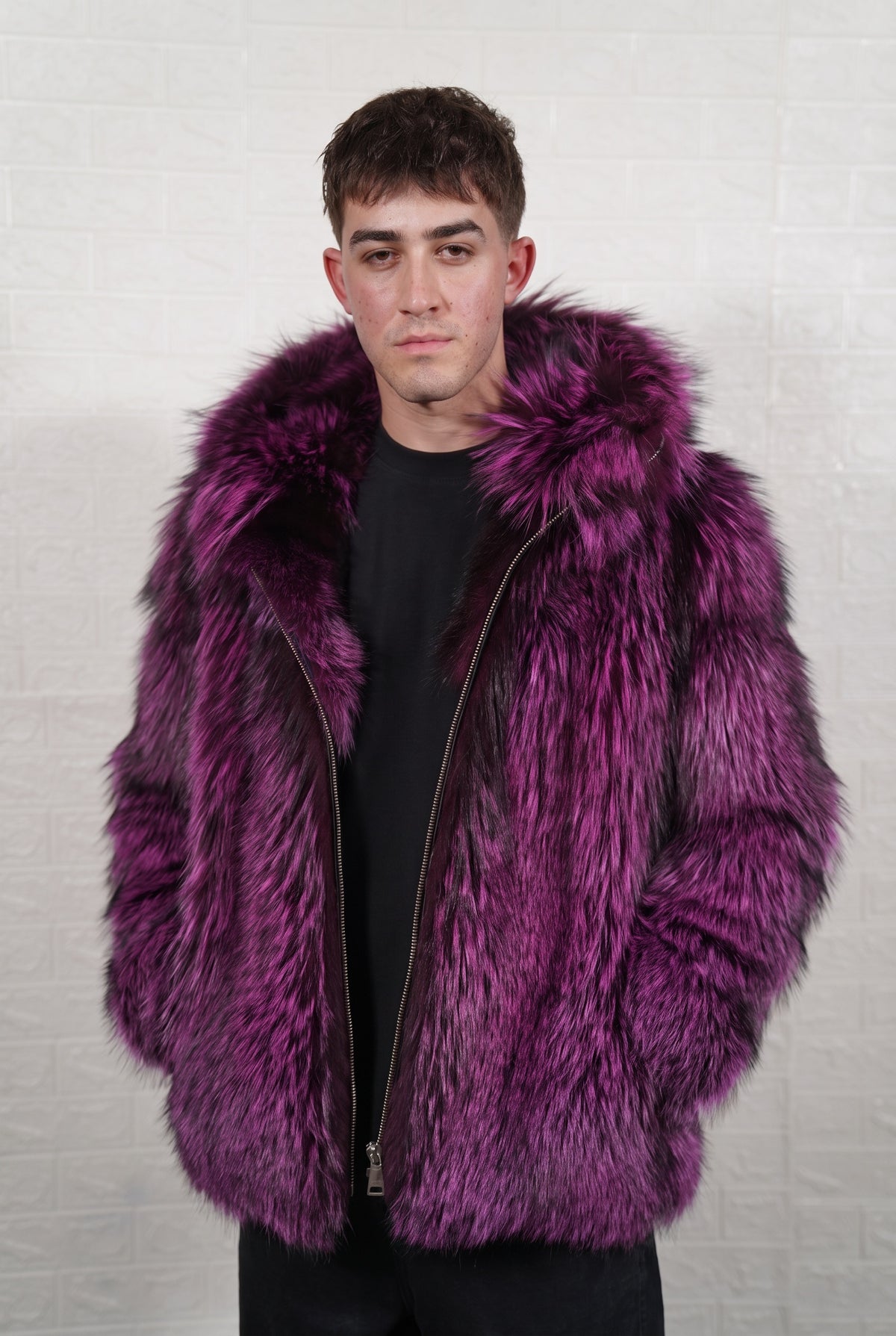 fox fur jacket men purple black full skin mid-length — front view, hood down, TatiFurs