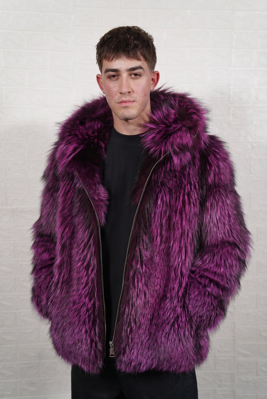 fox fur jacket men purple black full skin mid-length — front view, hood down, TatiFurs
