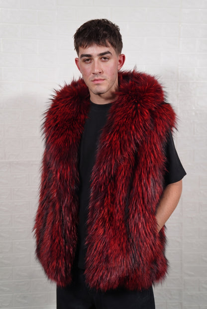 fox fur vest men red black full skin sleeveless — front view, hood down, TatiFurs
