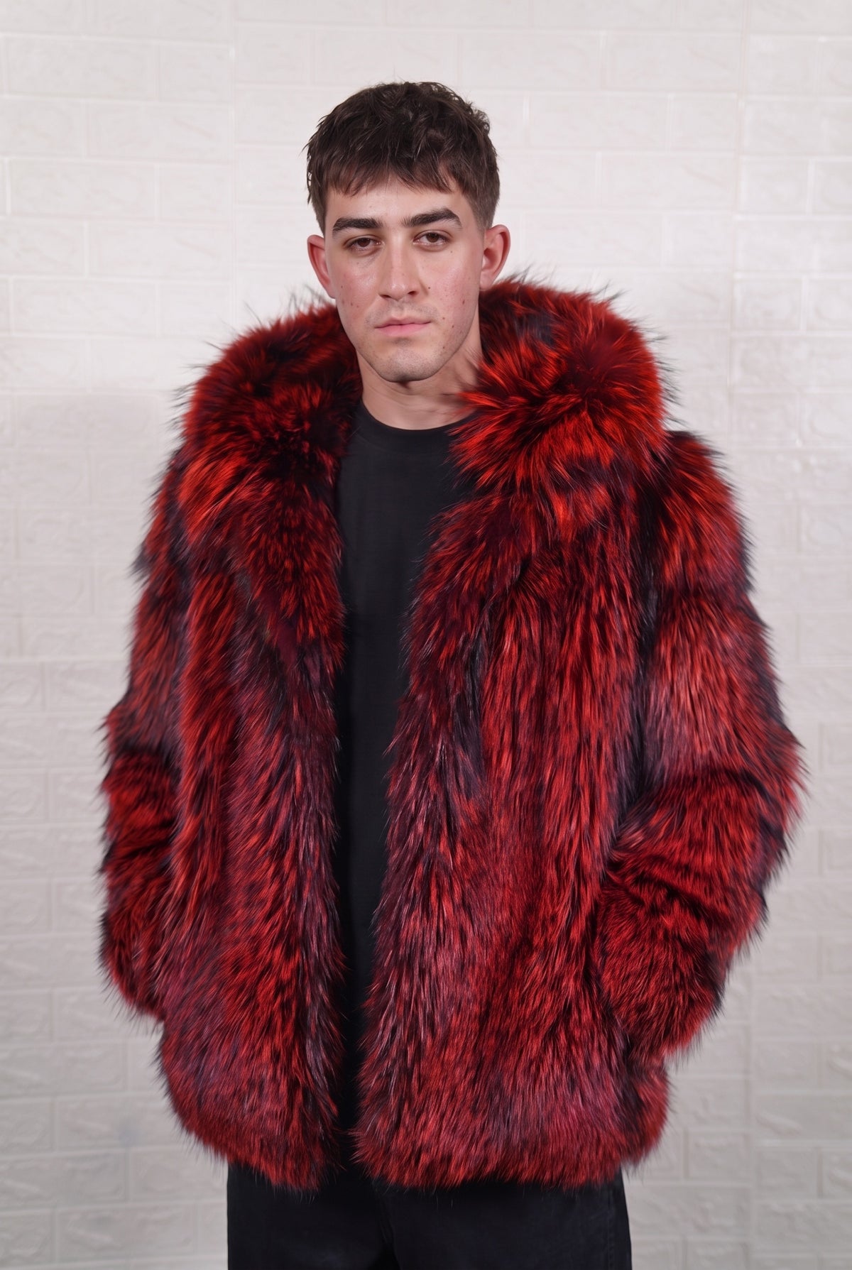 fox fur jacket men red black full skin mid-length — front view, hood down, TatiFurs