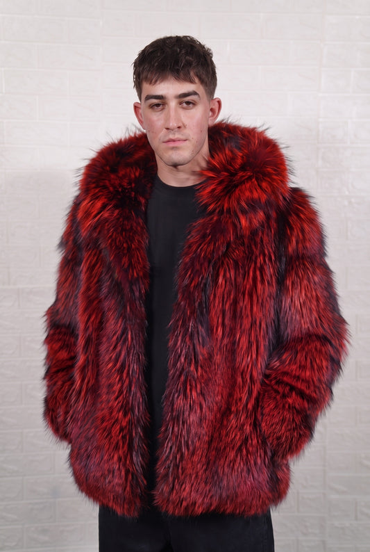 fox fur jacket men red black full skin mid-length — front view, hood down, TatiFurs
