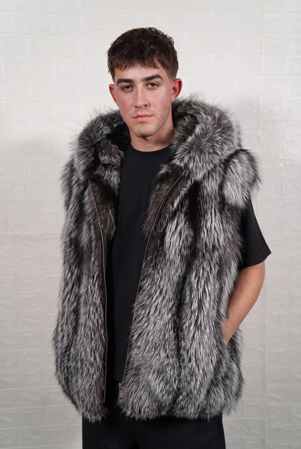 fox fur vest men natural silver full skin sleeveless — front view, hood down, TatiFurs