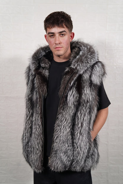 fox fur vest men natural silver full skin sleeveless — front view, hood down, TatiFurs