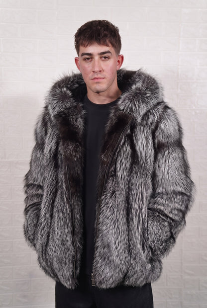 fox fur jacket men natural silver full skin mid-length — front view, hood down, TatiFurs