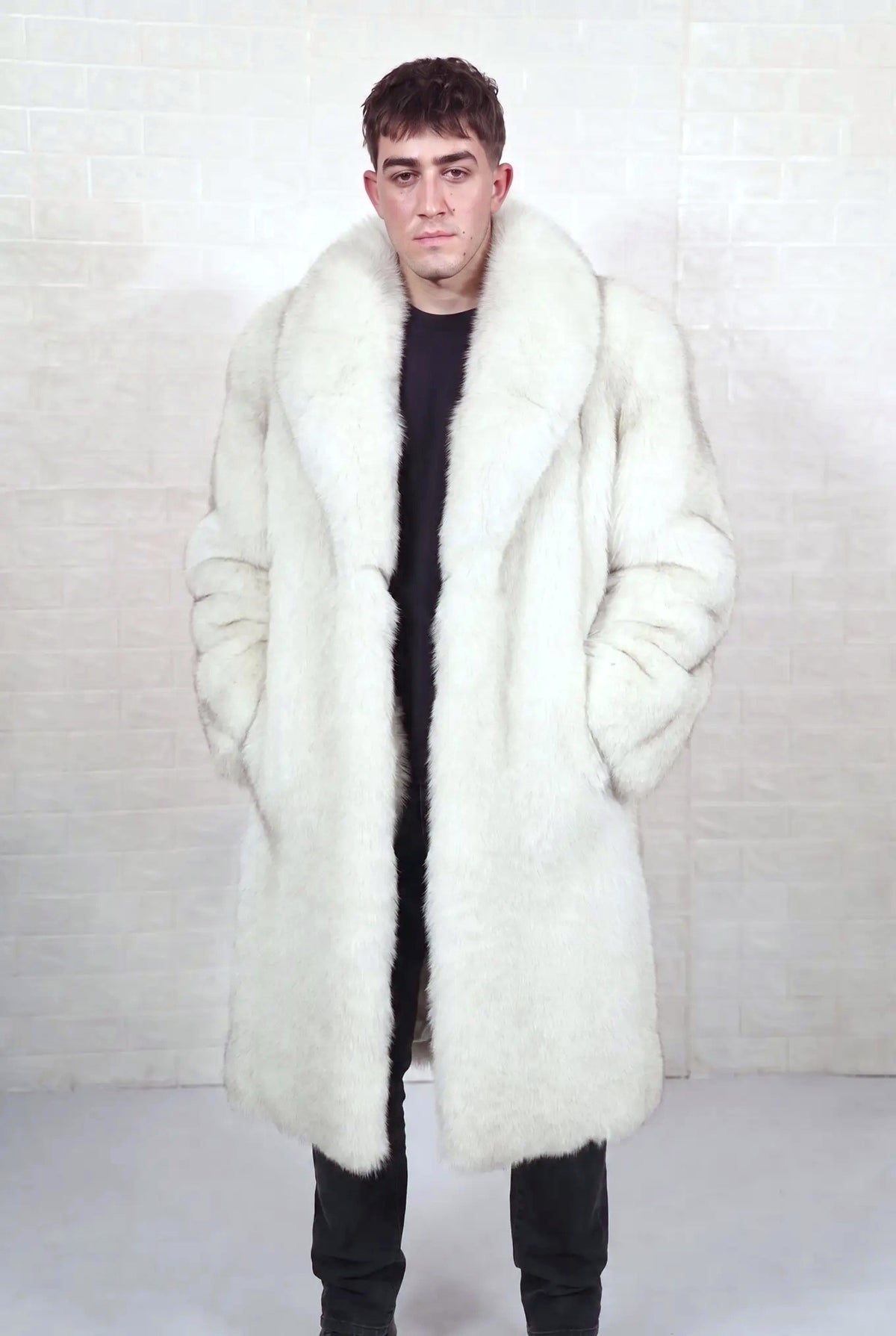 fox fur coat men blue natural Saga Royal full skin long — front view, hands in pockets, TatiFurs