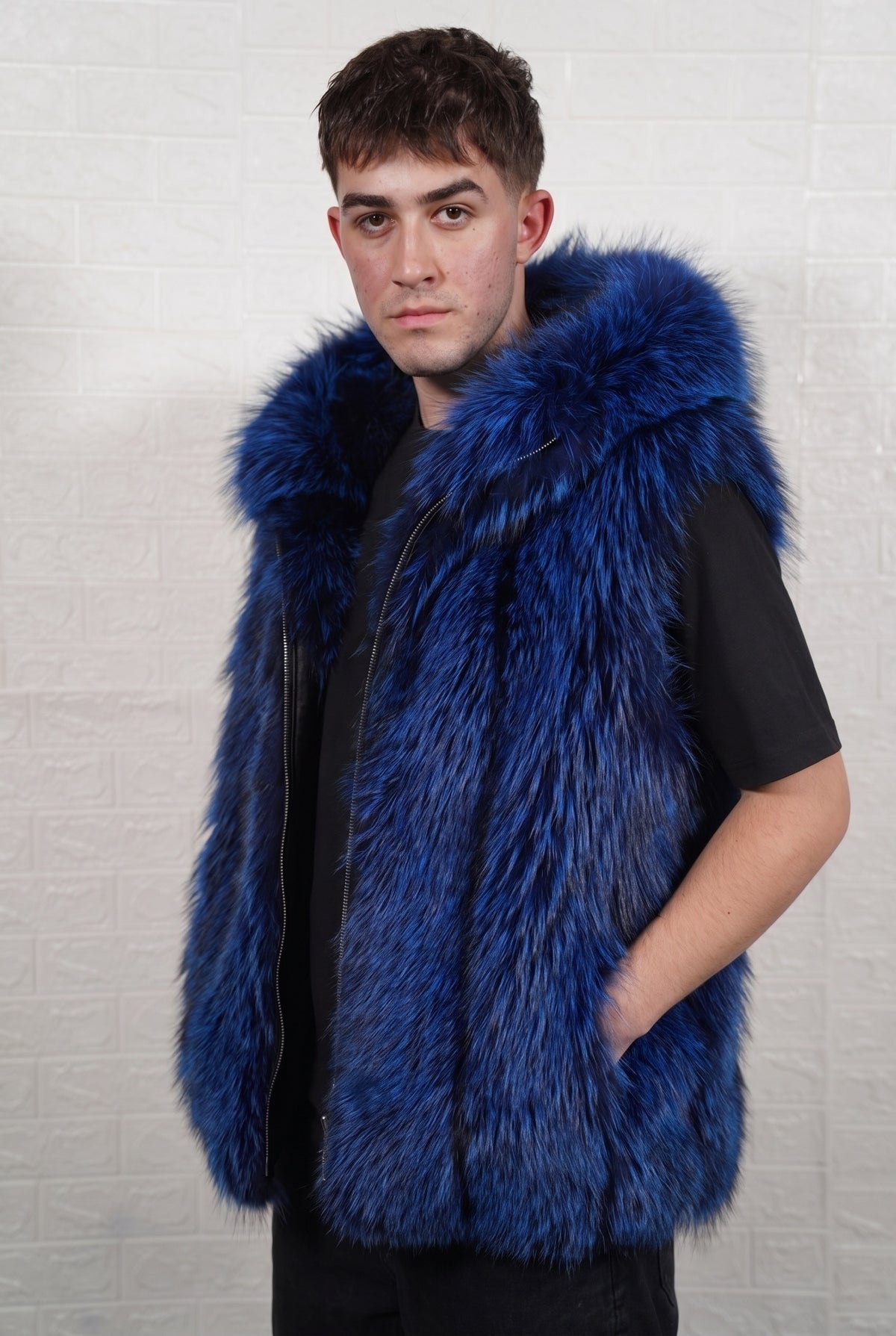 fox fur vest men blue black front view showing electric blue over jet black fox fur and sleeveless mid-length silhouette — Greek craftsmanship, TatiFurs