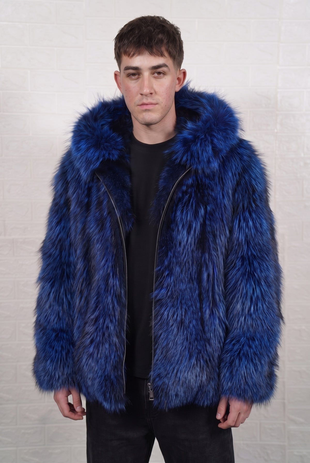 fox fur jacket men blue black front view showing electric blue over jet black fox fur and mid-length silhouette — Greek craftsmanship, TatiFurs