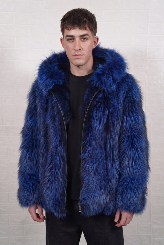 fox fur jacket men blue black front view showing electric blue over jet black fox fur and mid-length silhouette — Greek craftsmanship, TatiFurs