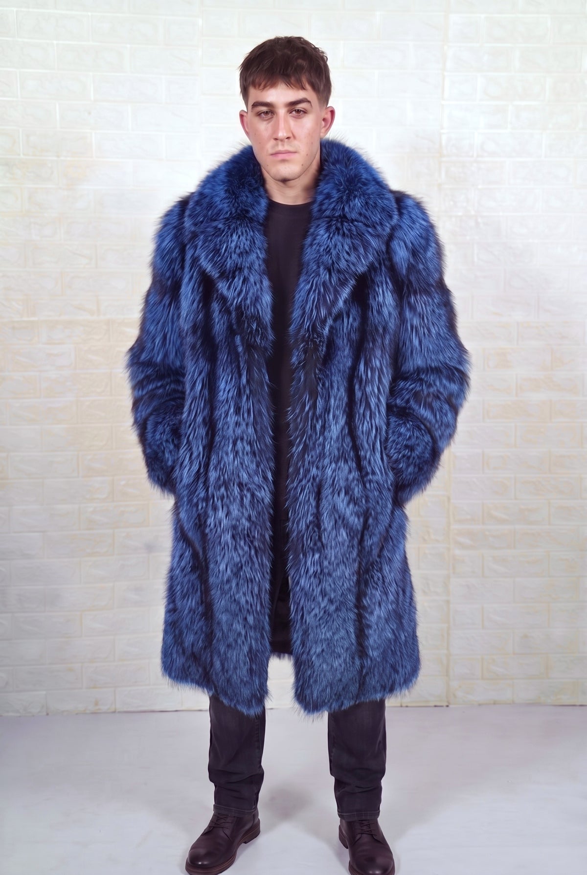 fox fur coat men blue black front view showing electric blue over jet black fox fur and long silhouette — Greek craftsmanship, TatiFurs