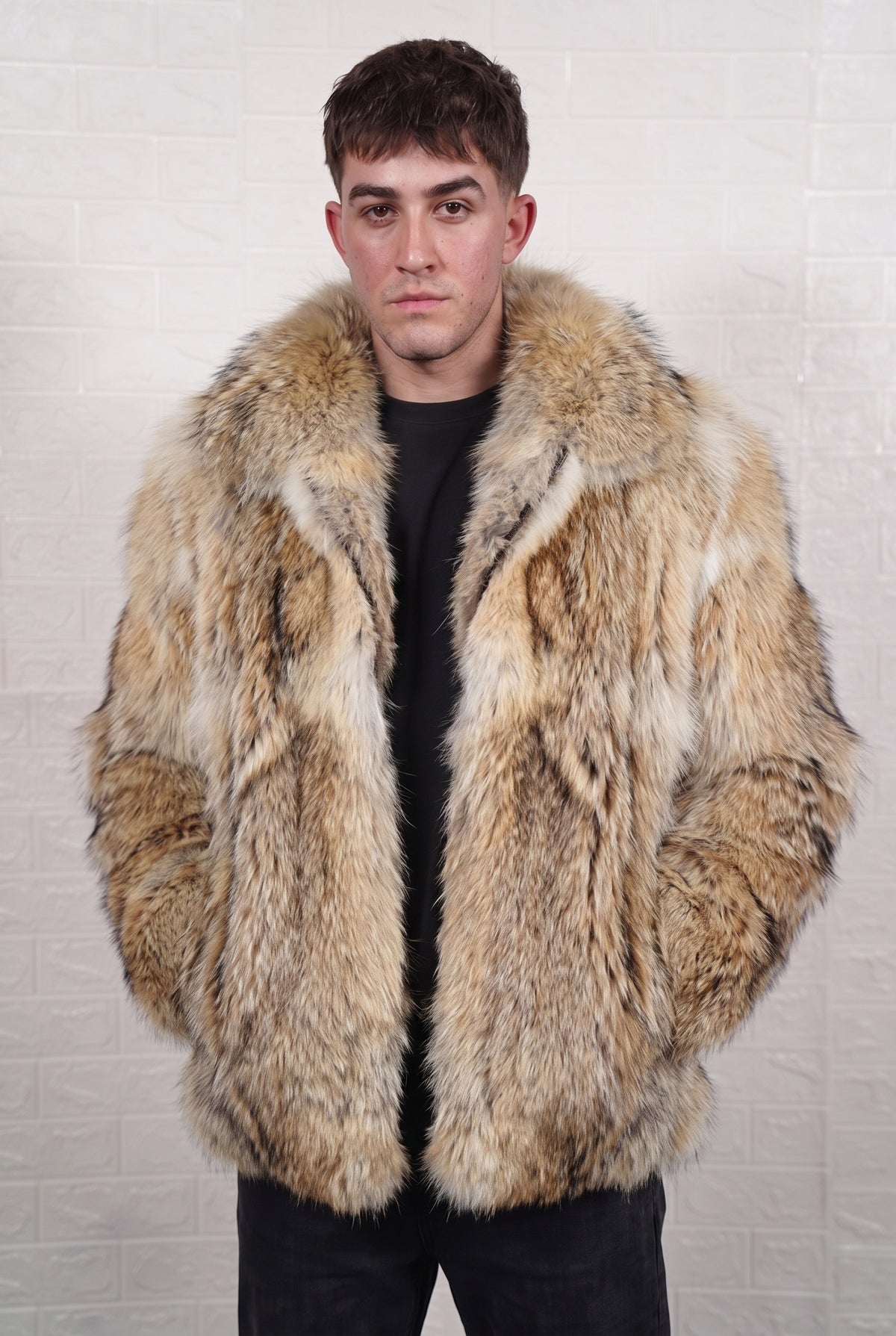 coyote fur jacket men front view showing warm golden tan with cream and dark-tipped guard hairs coyote fur and mid-length silhouette — Greek craftsmanship, TatiFurs