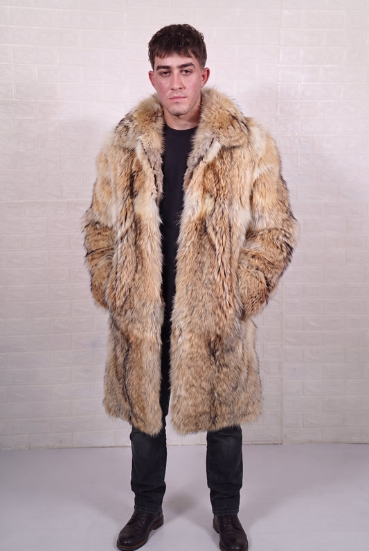 coyote fur coat men front view showing warm golden tan with cream and dark-tipped guard hairs coyote fur and long silhouette — Greek craftsmanship, TatiFurs
