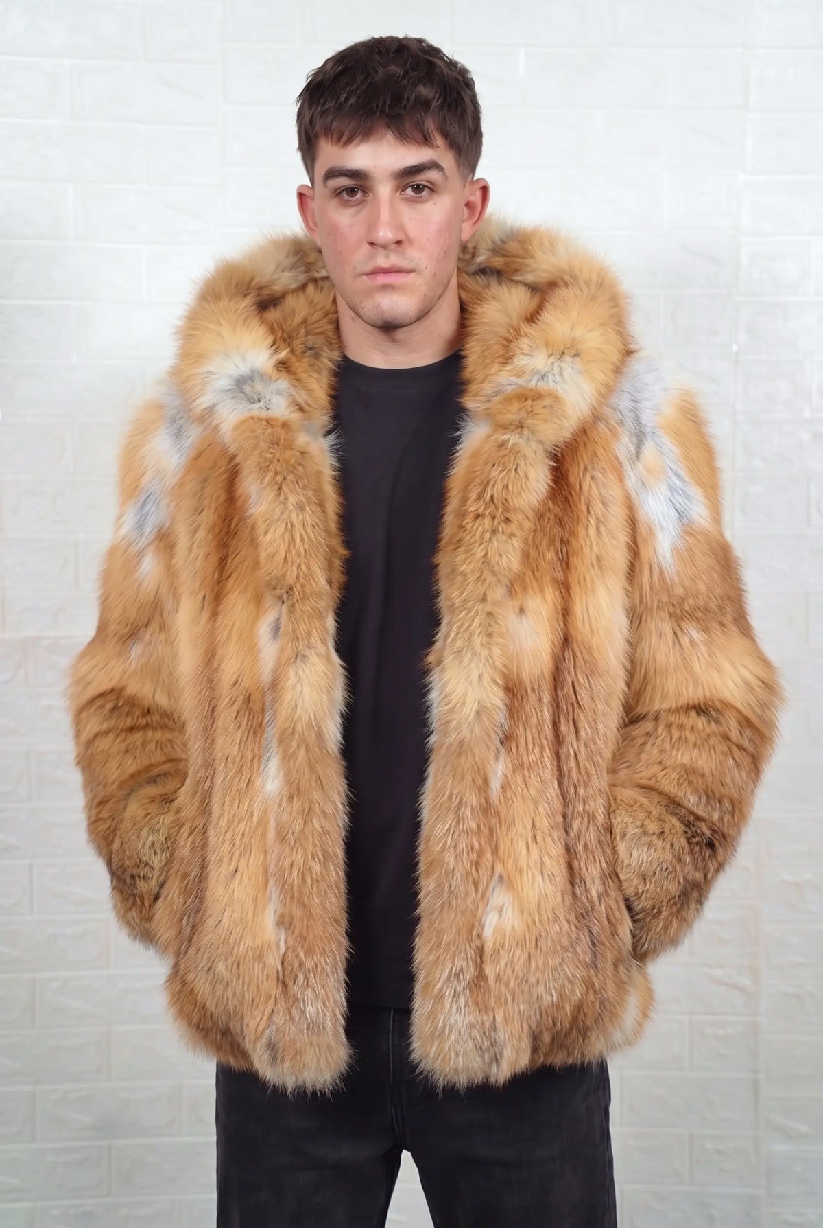 fox fur jacket men natural golden front view showing natural golden fox, warm amber-gold with cream and pale silver highlights fox fur and mid-length silhouette — Greek craftsmanship, TatiFurs