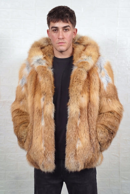 fox fur jacket men natural golden front view showing natural golden fox, warm amber-gold with cream and pale silver highlights fox fur and mid-length silhouette — Greek craftsmanship, TatiFurs
