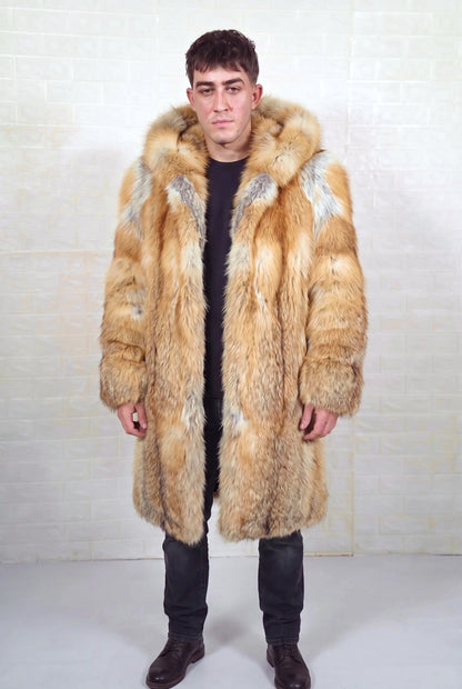 fox fur coat men natural golden Saga Royal full skin long — front view, hood down, TatiFurs
