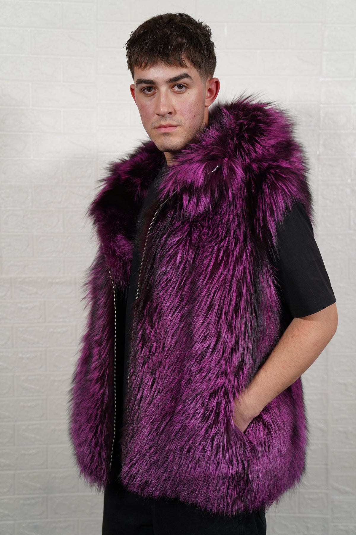 fox fur vest men purple black front view showing deep violet over jet black fox fur and sleeveless mid-length silhouette — Greek craftsmanship, TatiFurs