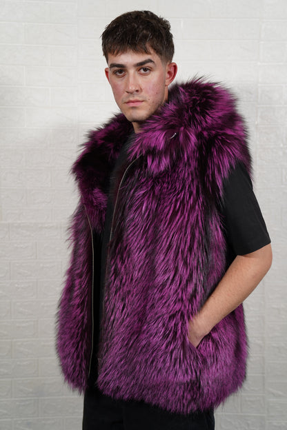 fox fur vest men purple black front view showing deep violet over jet black fox fur and sleeveless mid-length silhouette — Greek craftsmanship, TatiFurs