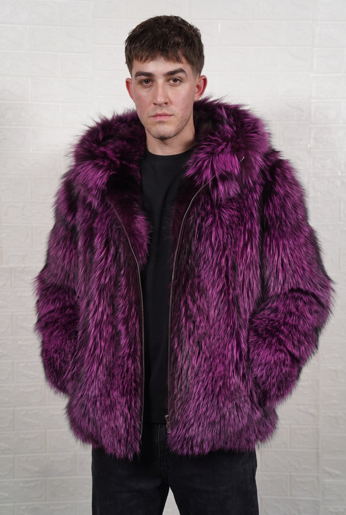 fox fur jacket men purple black front view showing deep violet over jet black fox fur and mid-length silhouette — Greek craftsmanship, TatiFurs