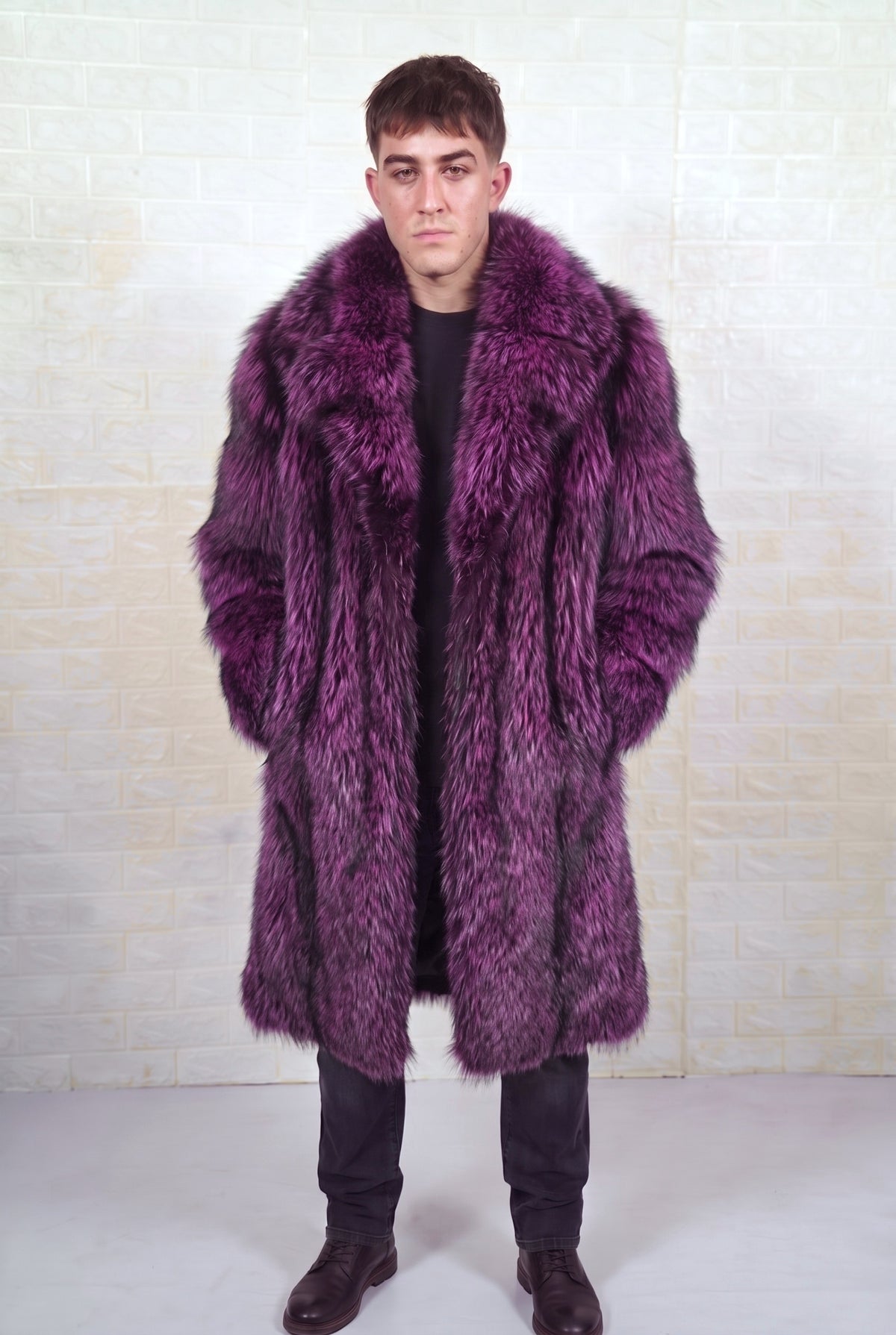fox fur coat men purple black front view showing deep violet over jet black fox fur and long silhouette — Greek craftsmanship, TatiFurs
