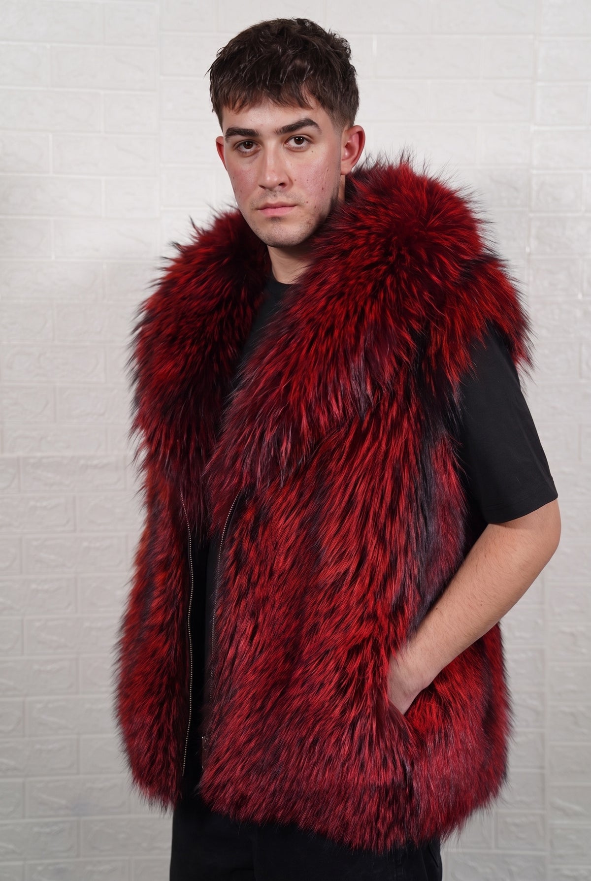 fox fur vest men red black front view showing deep crimson over jet black fox fur and sleeveless mid-length silhouette — Greek craftsmanship, TatiFurs