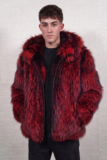 fox fur jacket men red black front view showing deep crimson over jet black fox fur and mid-length silhouette — Greek craftsmanship, TatiFurs