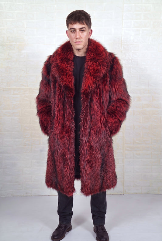 fox fur coat men red black front view showing deep crimson over jet black fox fur and long silhouette — Greek craftsmanship, TatiFurs