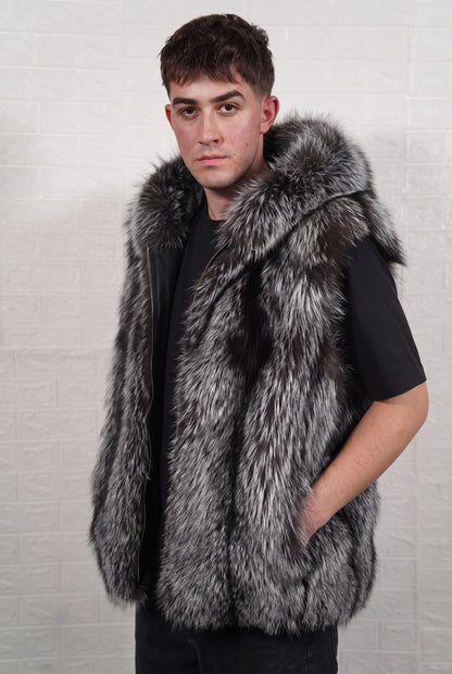 fox fur vest men natural silver front view showing natural silver fox, black base with silver-white tips fox fur and sleeveless mid-length silhouette — Greek craftsmanship, TatiFurs
