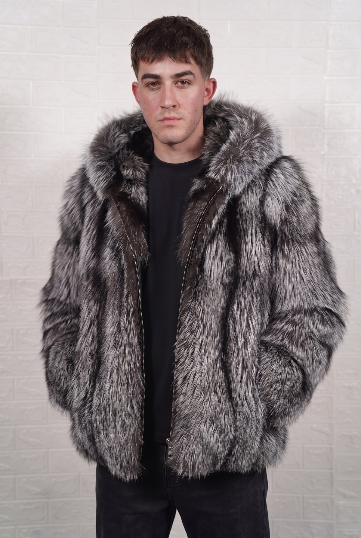 fox fur jacket men natural silver front view showing natural silver fox, black base with silver-white tips fox fur and mid-length silhouette — Greek craftsmanship, TatiFurs