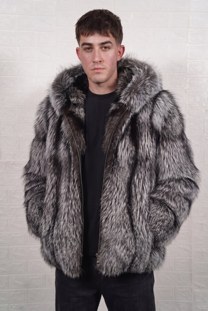 fox fur jacket men natural silver front view showing natural silver fox, black base with silver-white tips fox fur and mid-length silhouette — Greek craftsmanship, TatiFurs